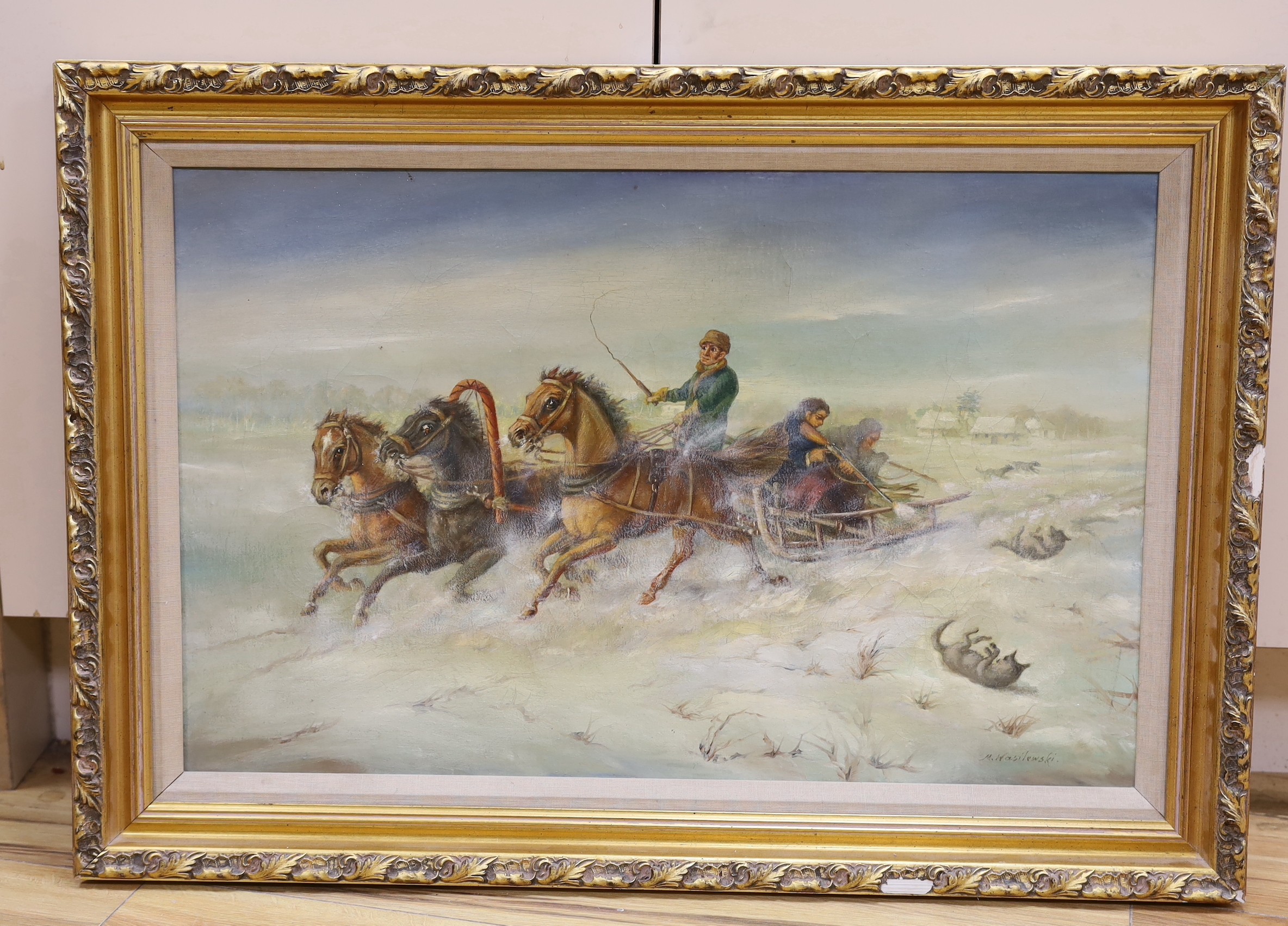 M. Wasilewski, oil on canvas, Troika pursued by wolves, signed, 44 x 70cm